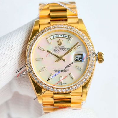 Swiss Clone Rolex Day Date 36 Yellow Gold White MOP Baguette Diamond Bezel Watch